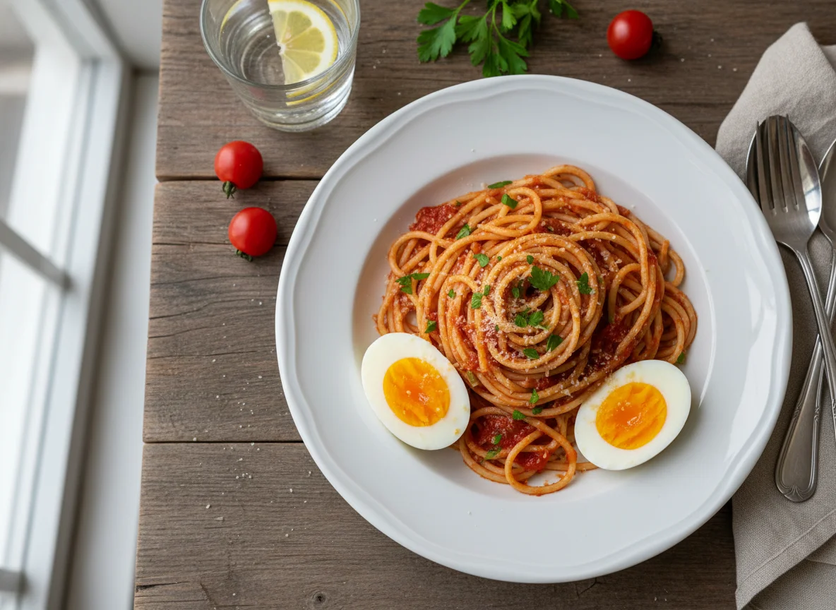 Spaghetti with Tomato Sauce and Hard-Boiled Egg photo