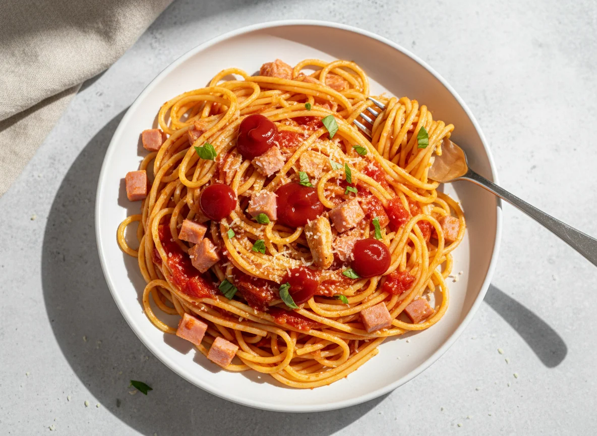 Spaghetti with tomato sauce and ketchup photo