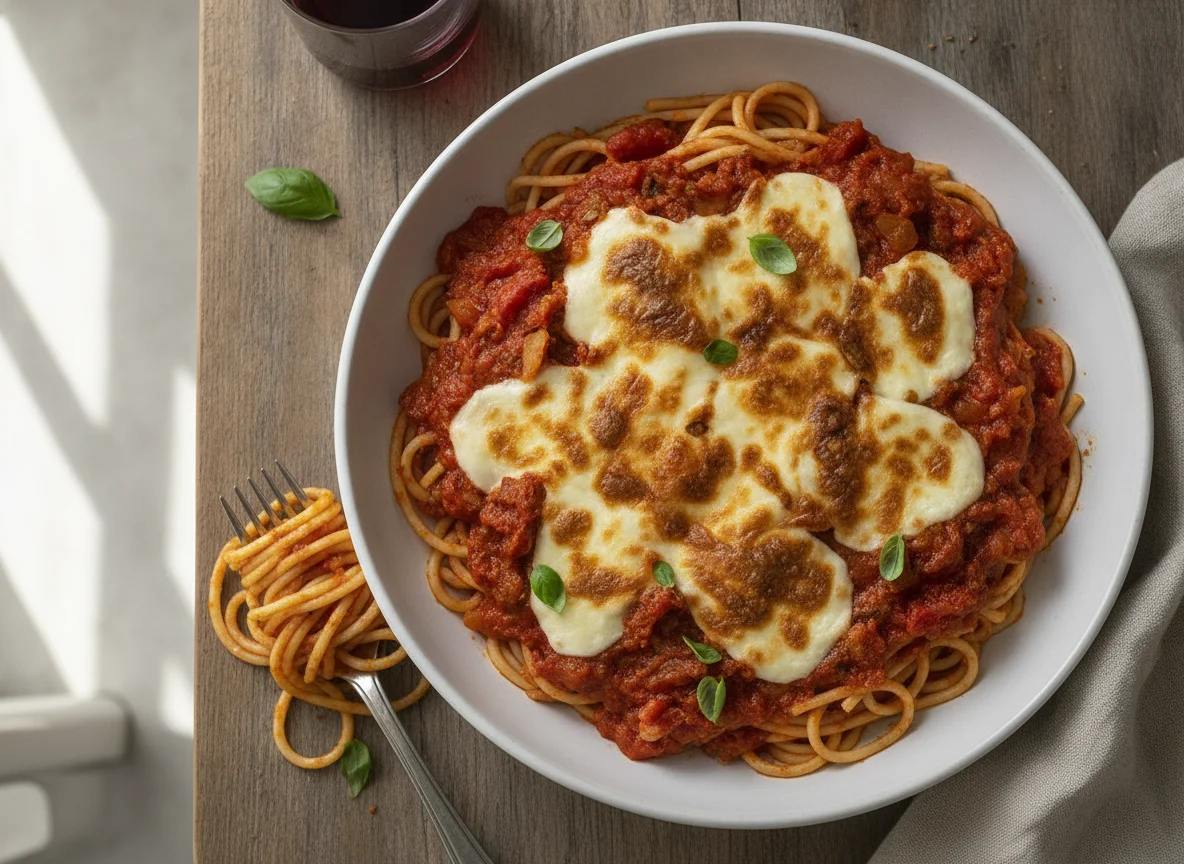 Spaghetti with Tomato Sauce and Melted Cheese photo