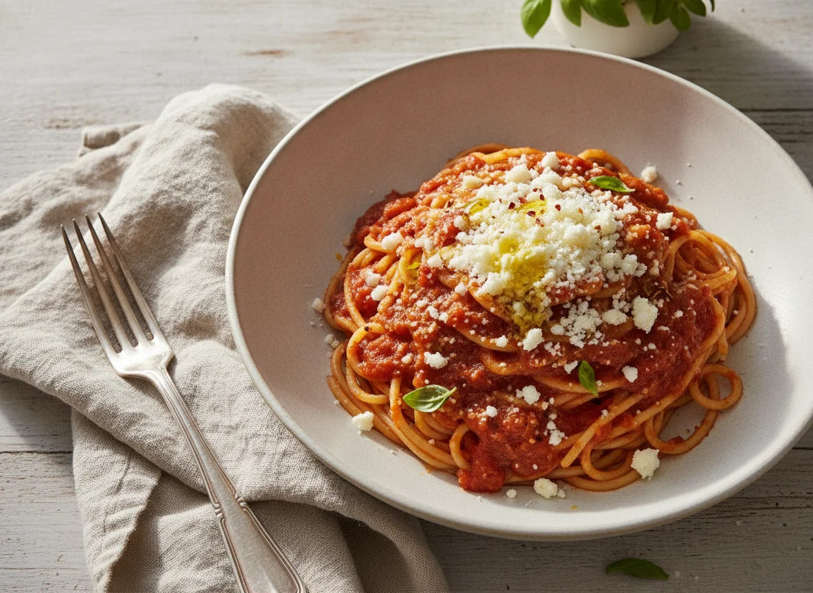 Spaghetti with Tomato Sauce and Mizithra Cheese photo