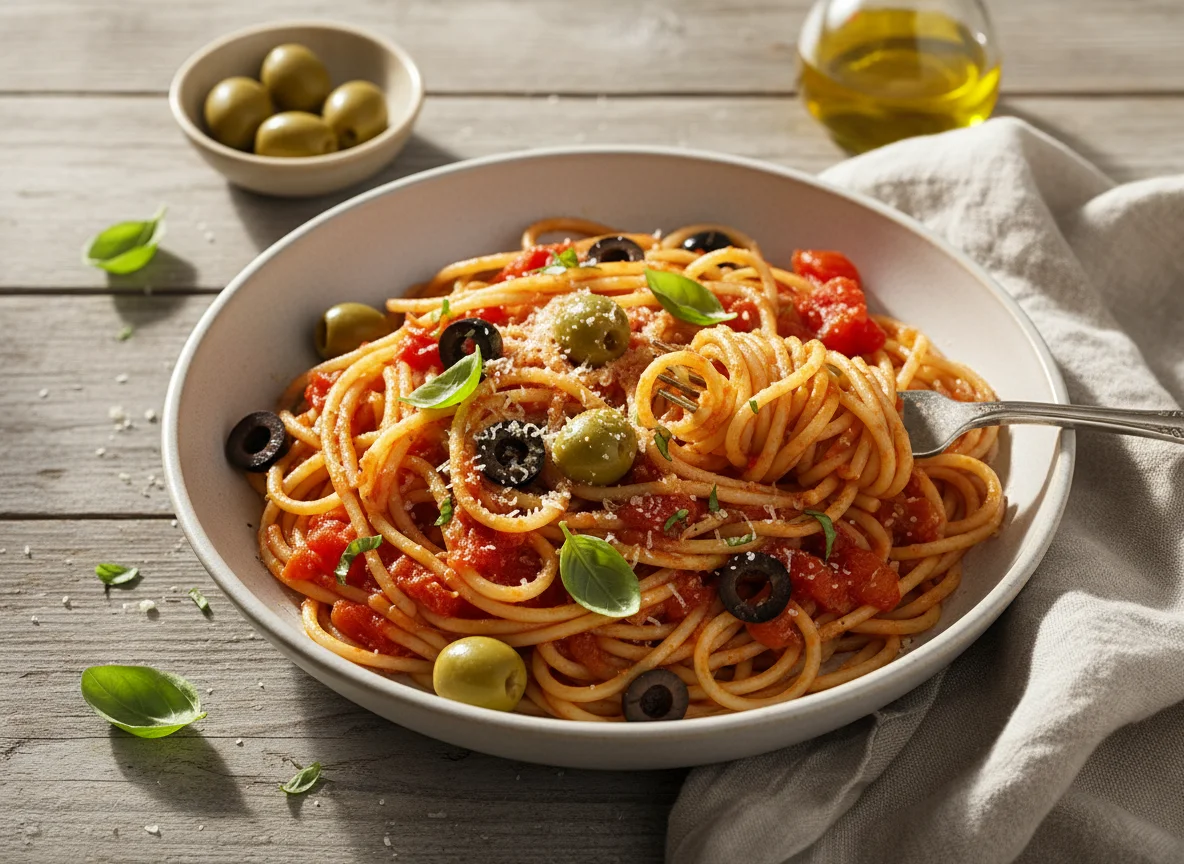 Spaghetti with Tomato Sauce and Olives photo