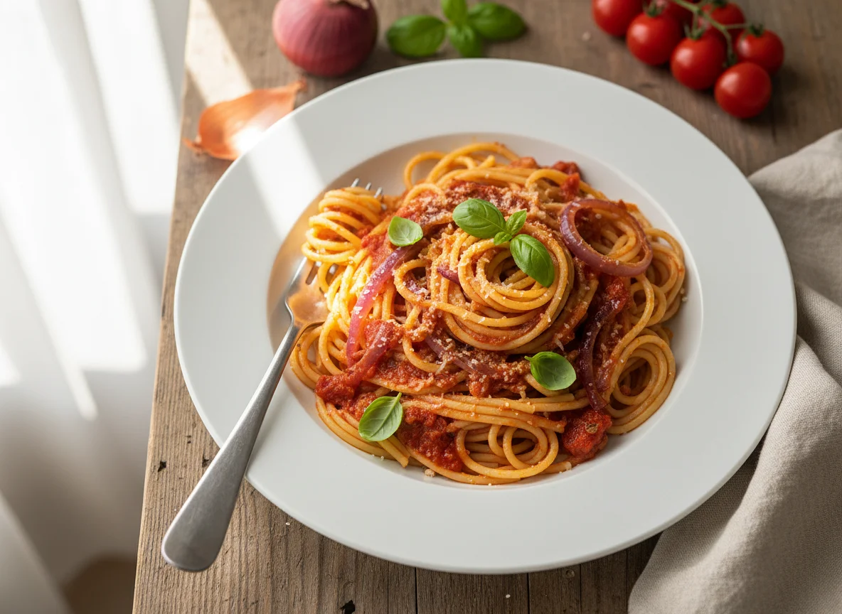 Spaghetti with Tomato Sauce and Onions photo
