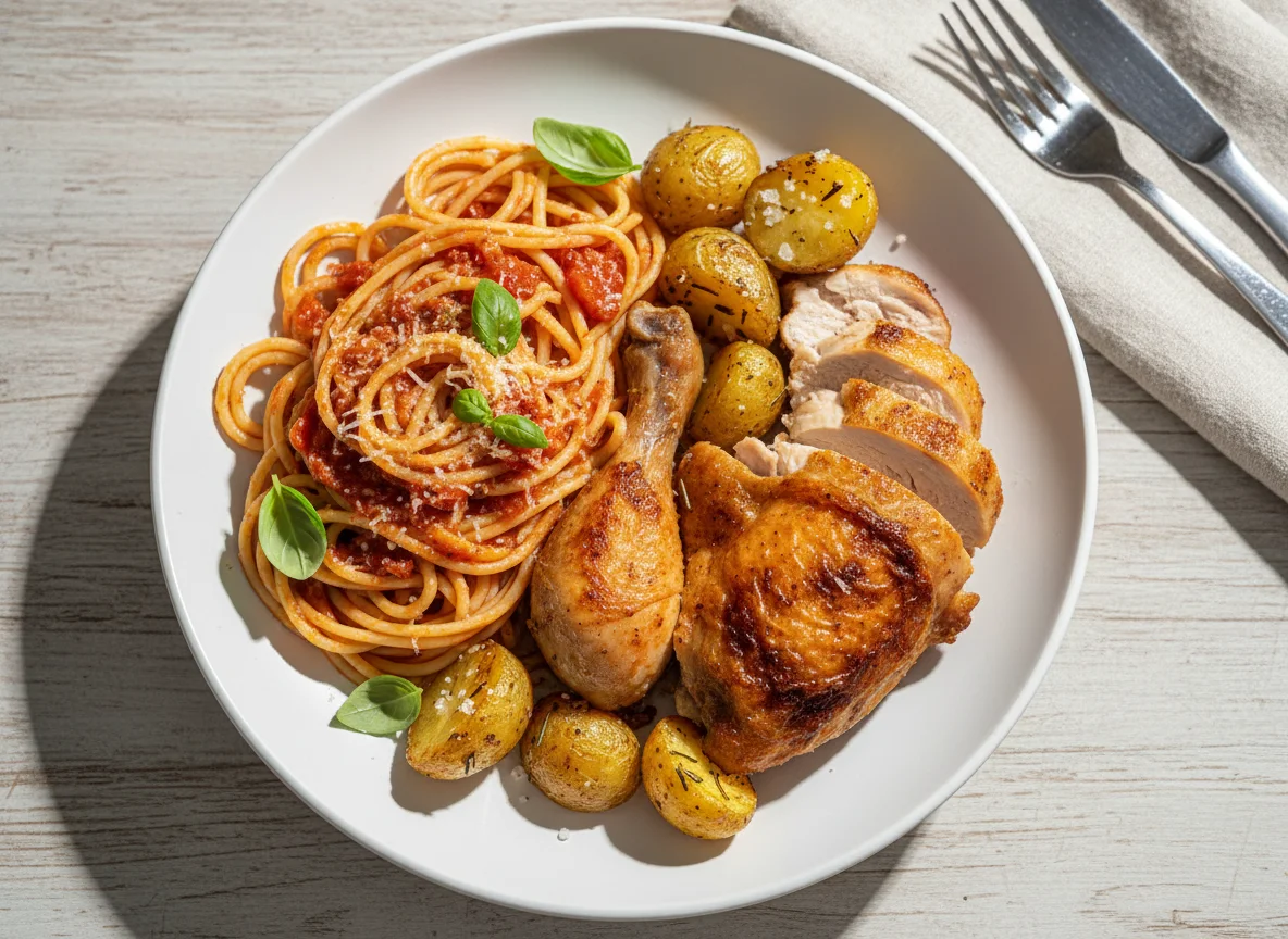 Spaghetti with Tomato Sauce and Roasted Chicken photo