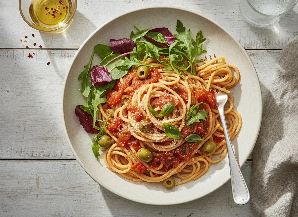 Spaghetti with Tomato Sauce and Vegetables photo