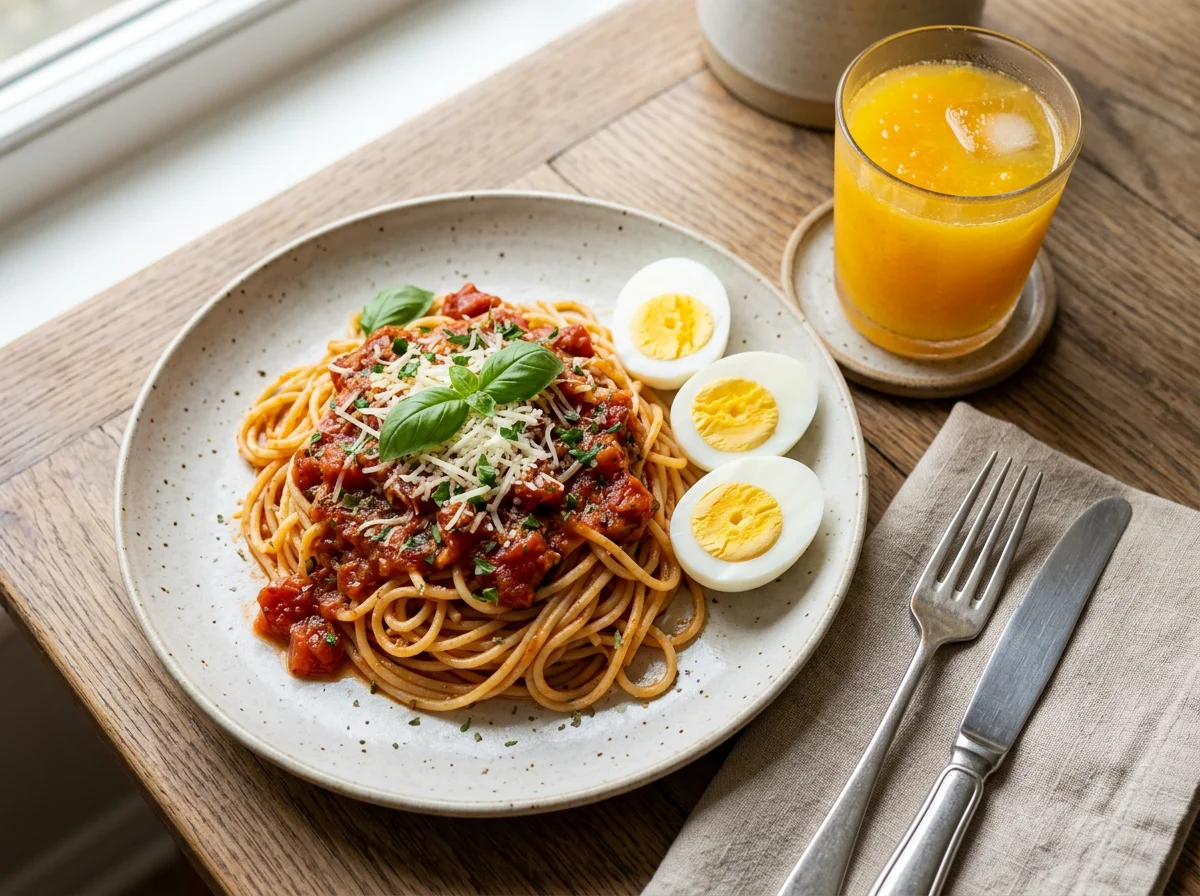 Spaghetti with Tomato Sauce, Boiled Eggs, and Orange Drink photo
