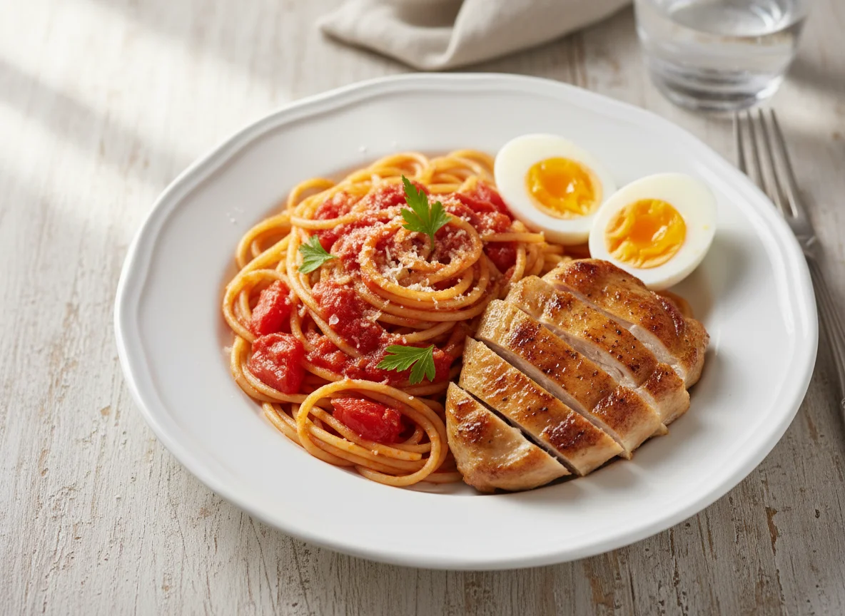 Spaghetti with Tomato Sauce, Chicken, and Boiled Eggs photo
