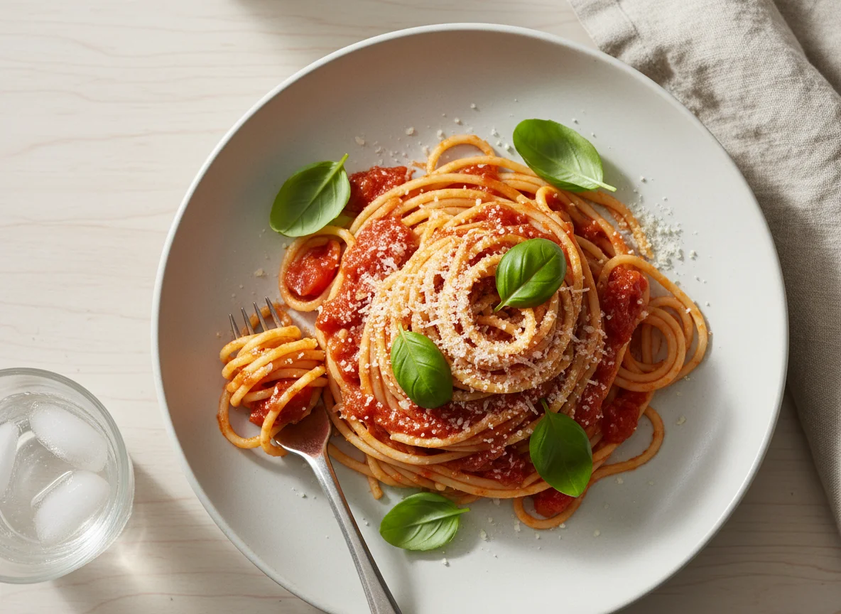 Spaghetti with Tomato Sauce, Parmesan, and Basil photo