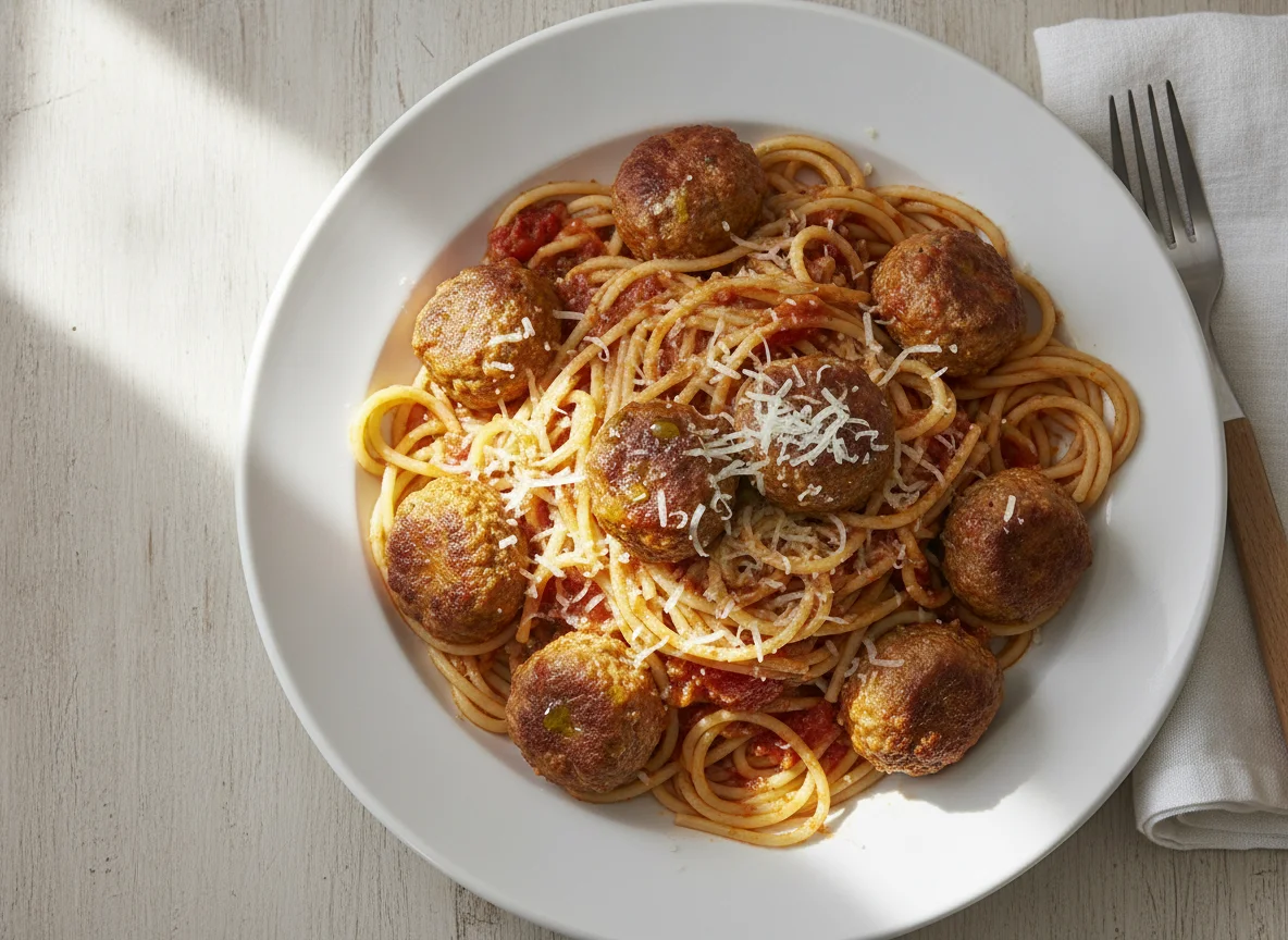 Spaghetti with turkey meatballs photo