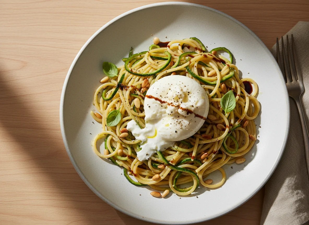 Spaghetti with Zucchini, Pine Nuts and Burrata photo