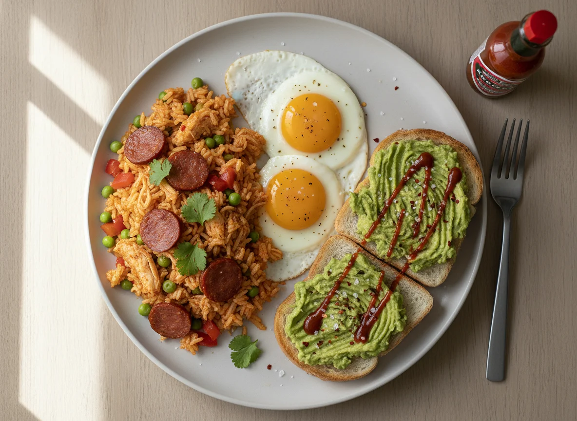 Spanish Rice with Fried Eggs and Avocado Toast photo