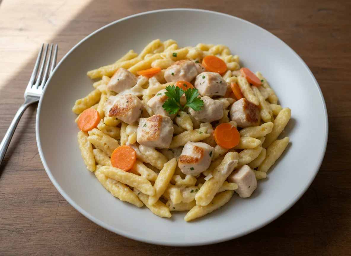 Spätzle with Cream Sauce, Carrots and Chicken photo