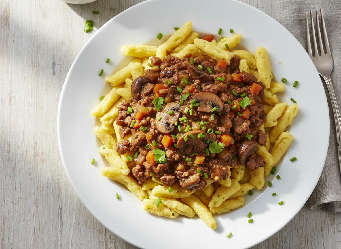 Spätzle with Mushroom and Minced Meat Sauce photo
