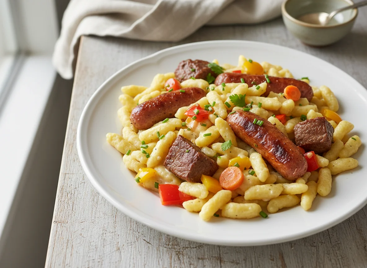 Spätzle with Sausage, Beef and Vegetables photo