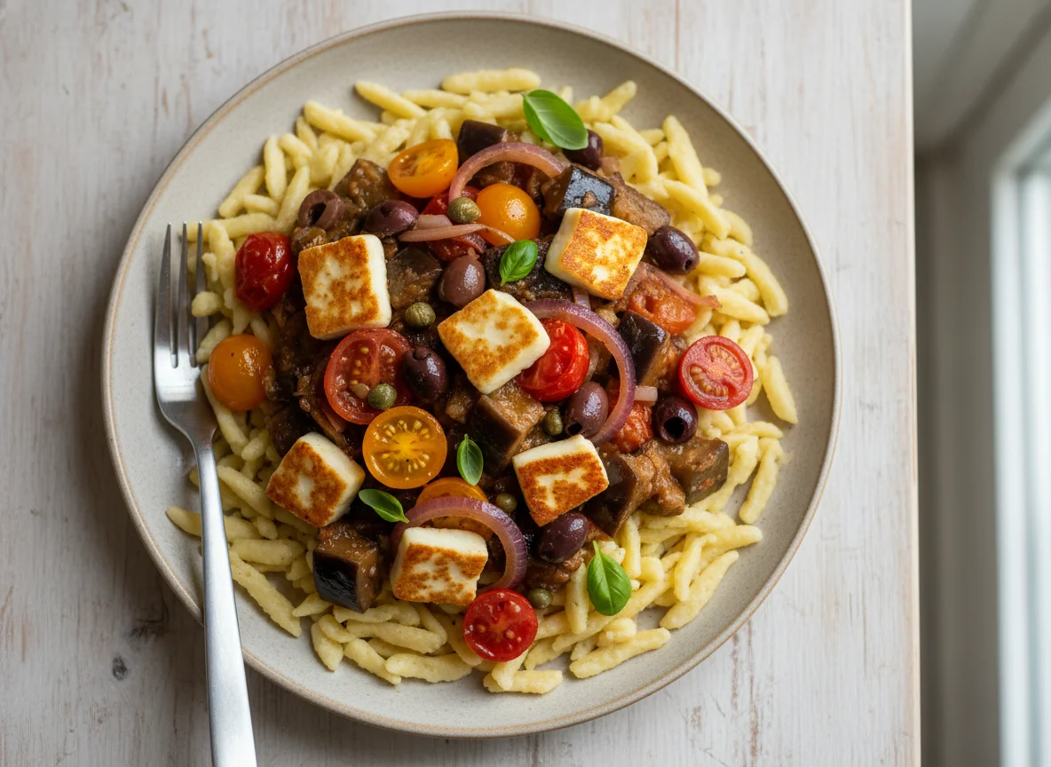 Spätzle with Vegetable Caponata and Halloumi photo