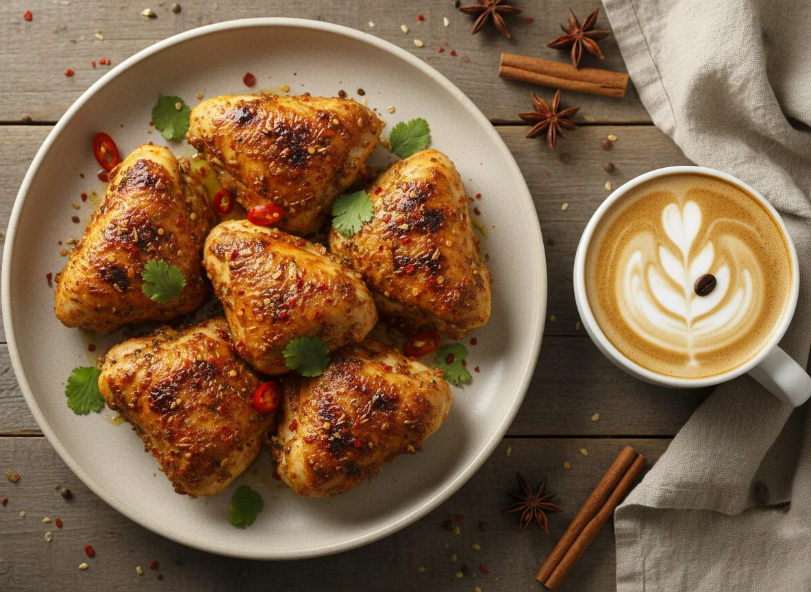 Spiced Chicken Pieces and Coffee photo