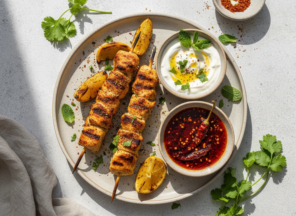 Spiced Chicken Skewers with Sauces photo