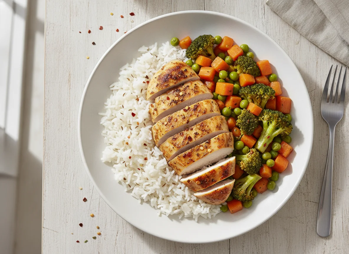 Spiced Chicken with Rice and Mixed Vegetables photo