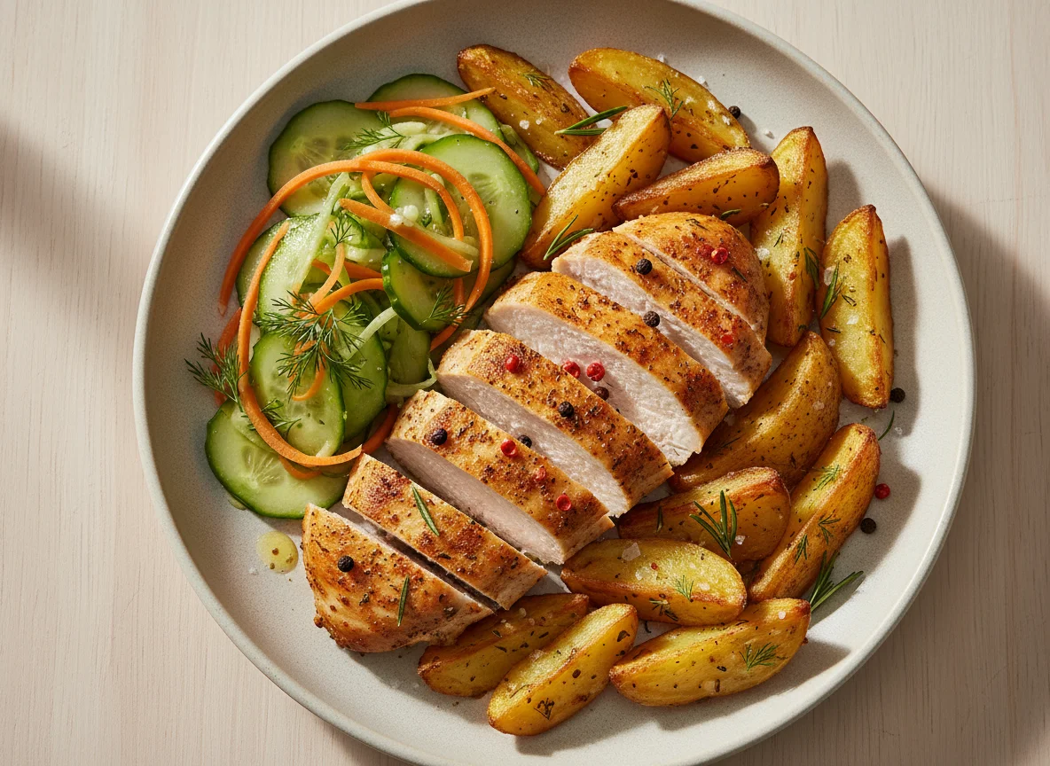 Spiced Chicken with Roasted Potatoes and Cucumber Carrot Salad photo