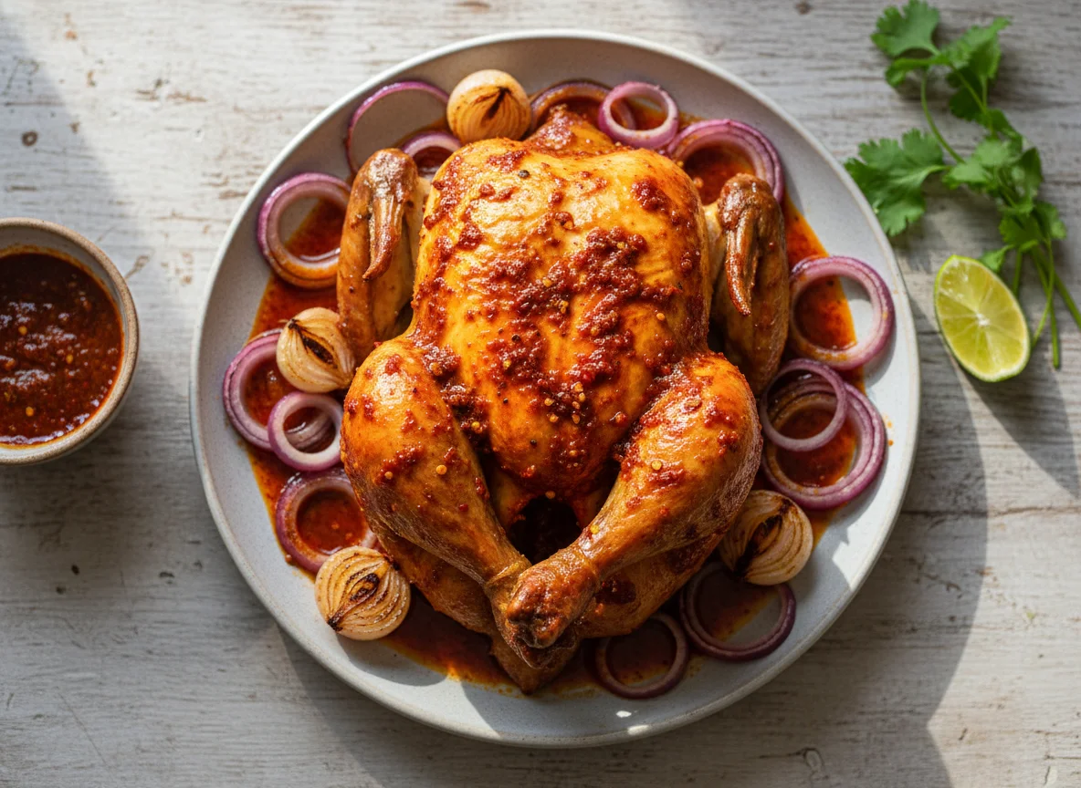 Spiced Whole Roasted Chicken with Onions and Sauce photo