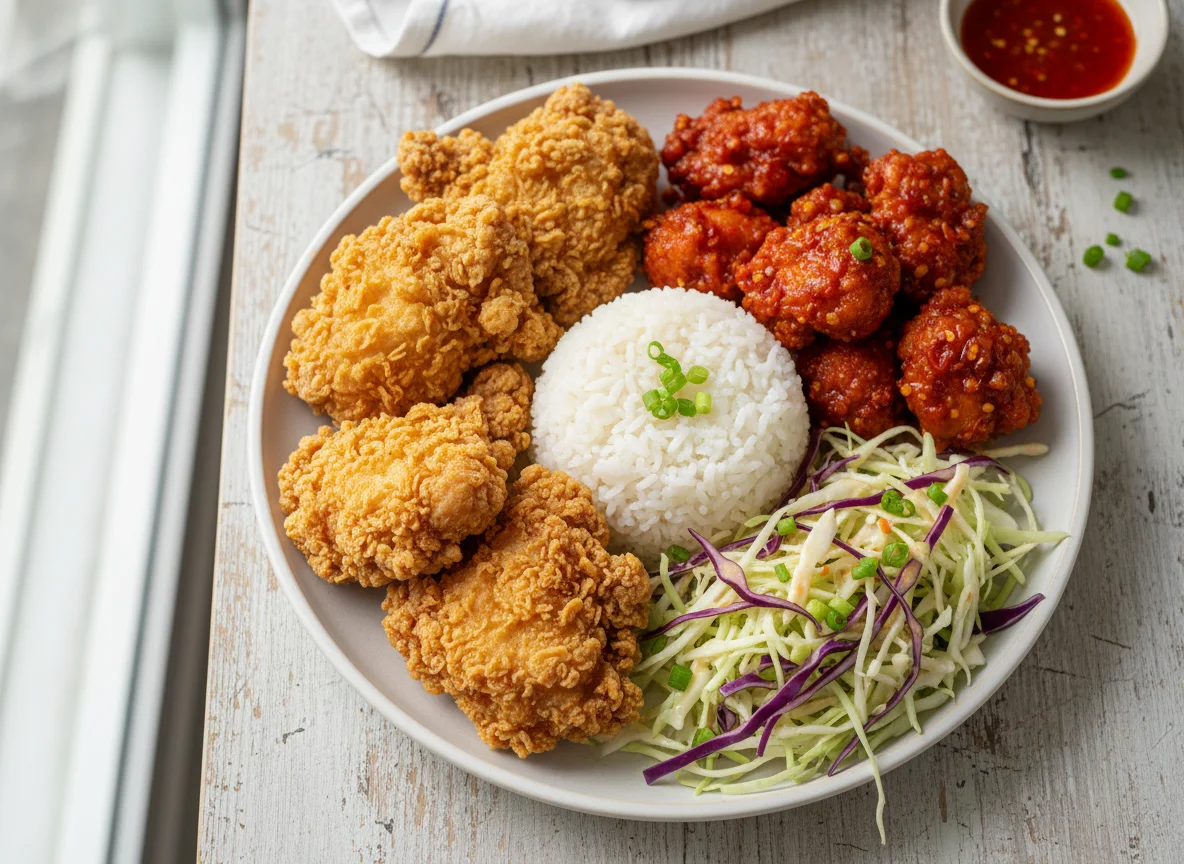 Spicy and Original Fried Chicken with Rice and Cabbage photo