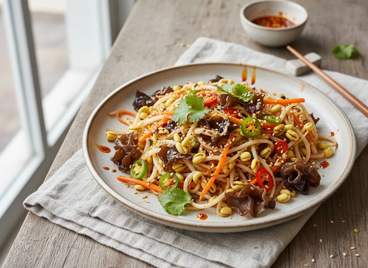 Spicy Bean Sprout and Mushroom Salad photo