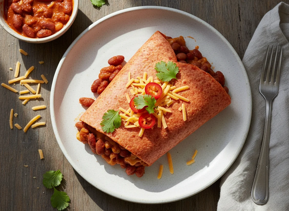 Spicy Beans with Cheddar Tomato Tortilla Wrap photo