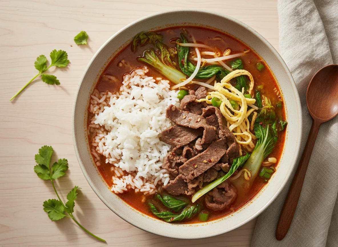Spicy Beef and Vegetable Soup with Rice photo