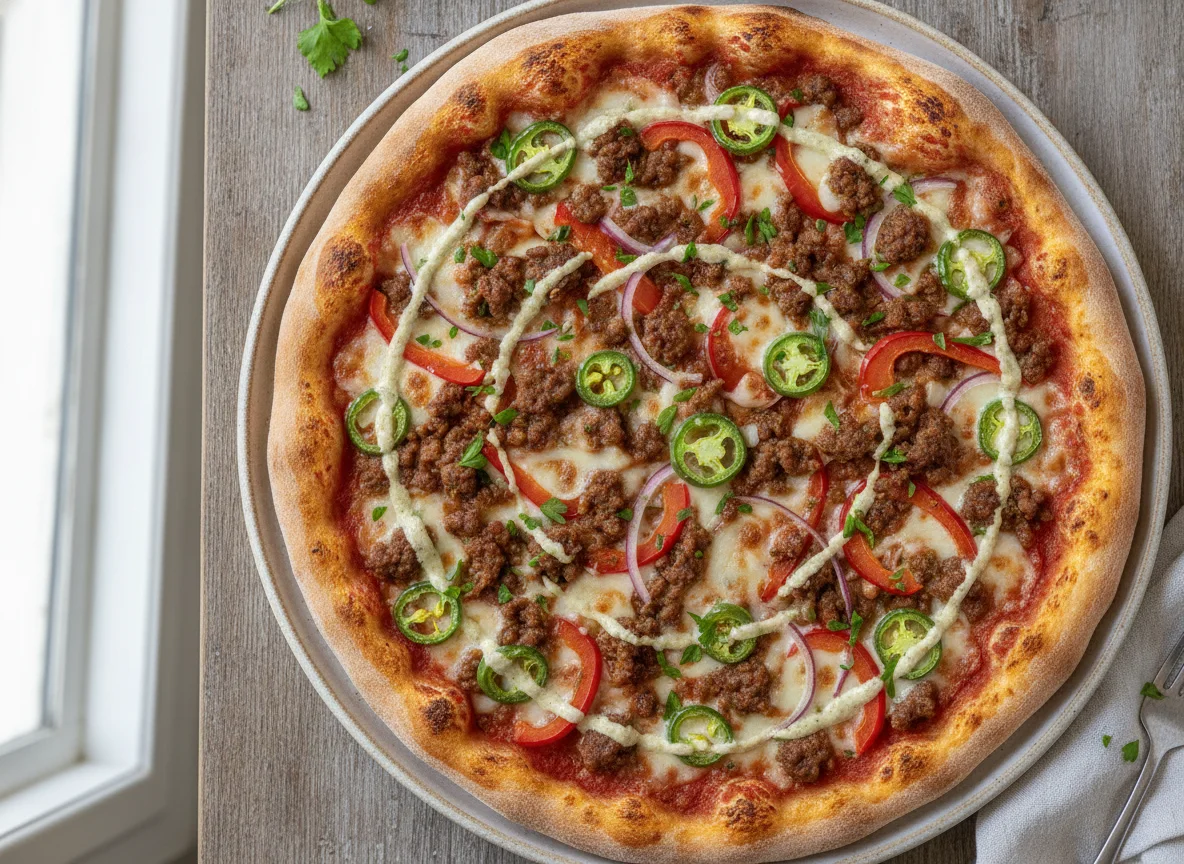Spicy beef pizza photo