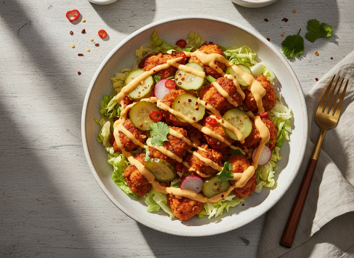 Spicy Chicken Bowl with Pickles and Cheese Sauce photo