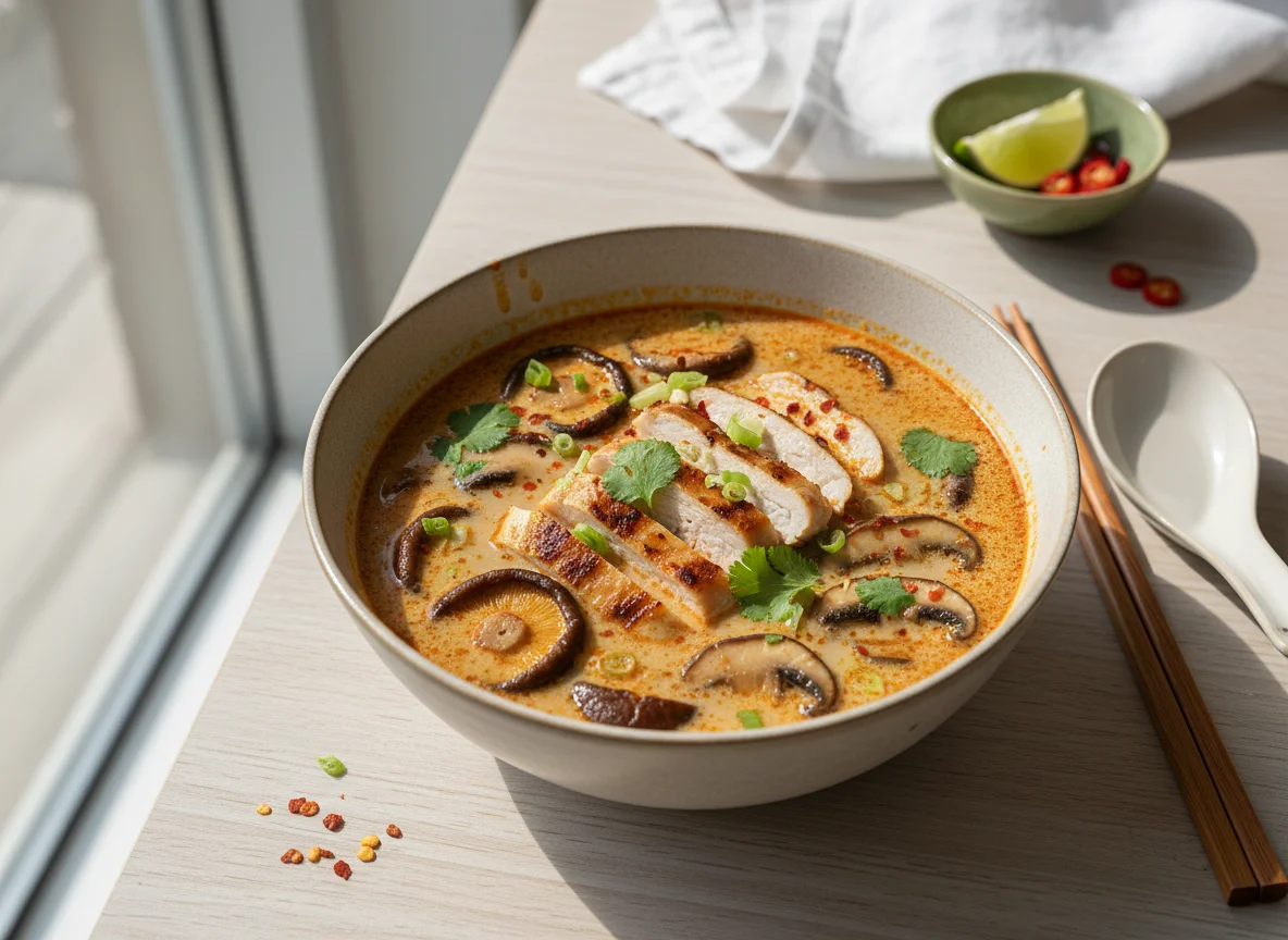 Spicy chicken laksa soup photo