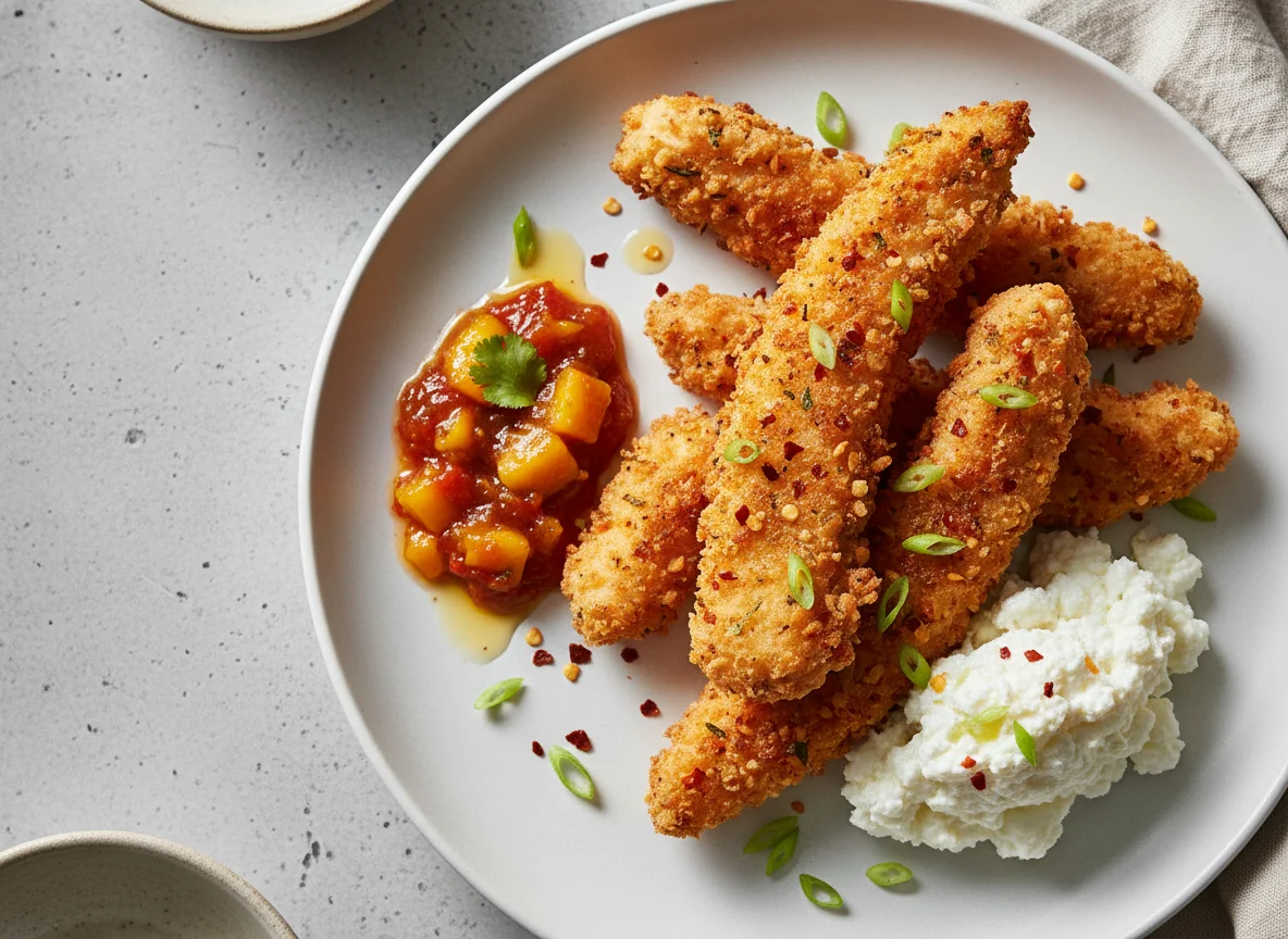 Spicy Chicken Strips with Chutney and Cottage Cheese photo