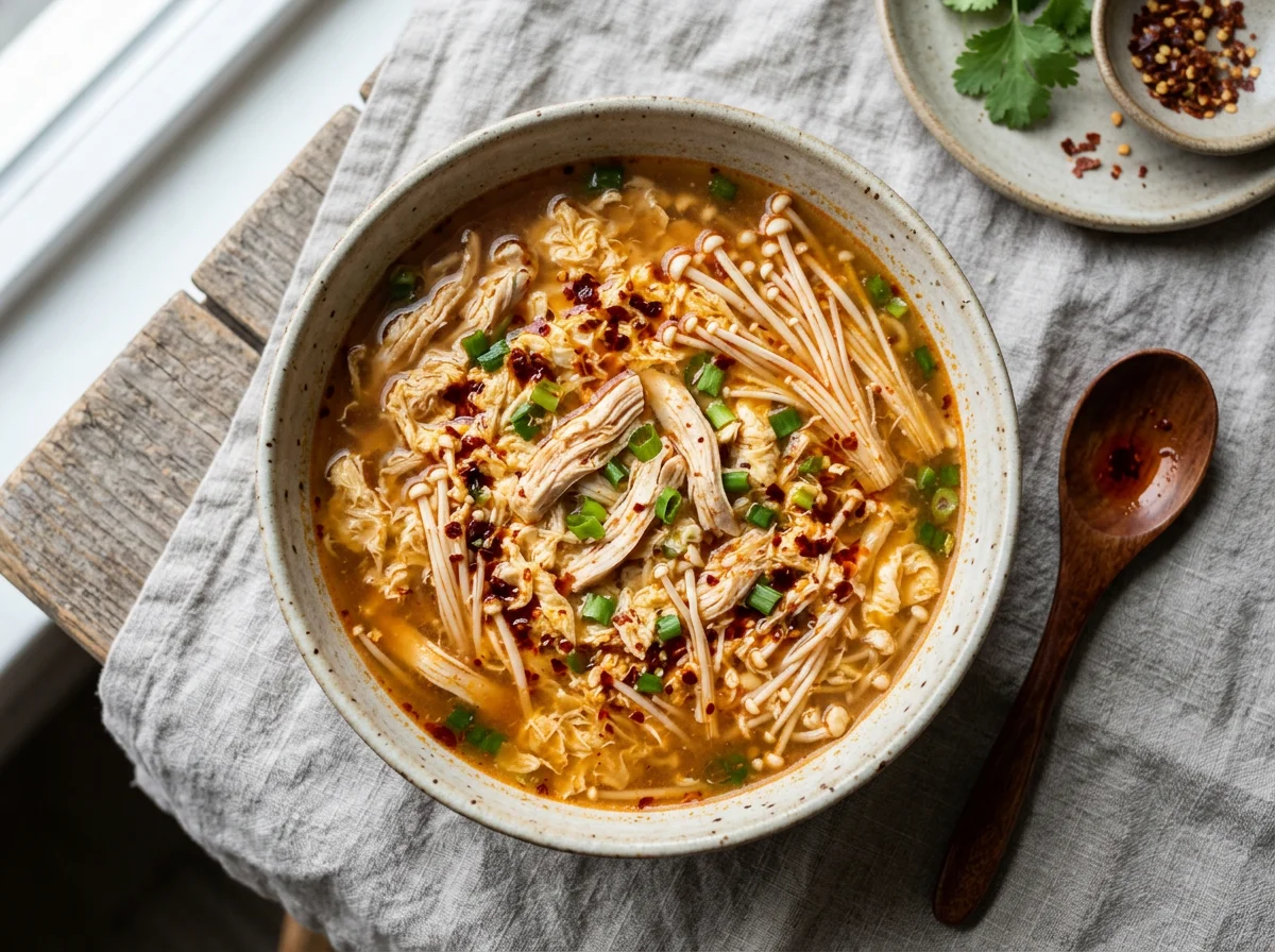 Spicy Egg Drop Soup with Chicken and Enoki photo