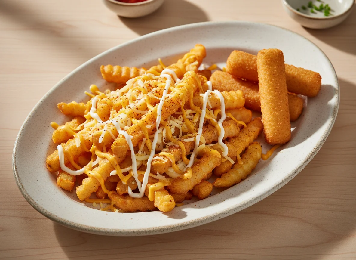 Spicy Fries with Cheese and Fried Snacks photo