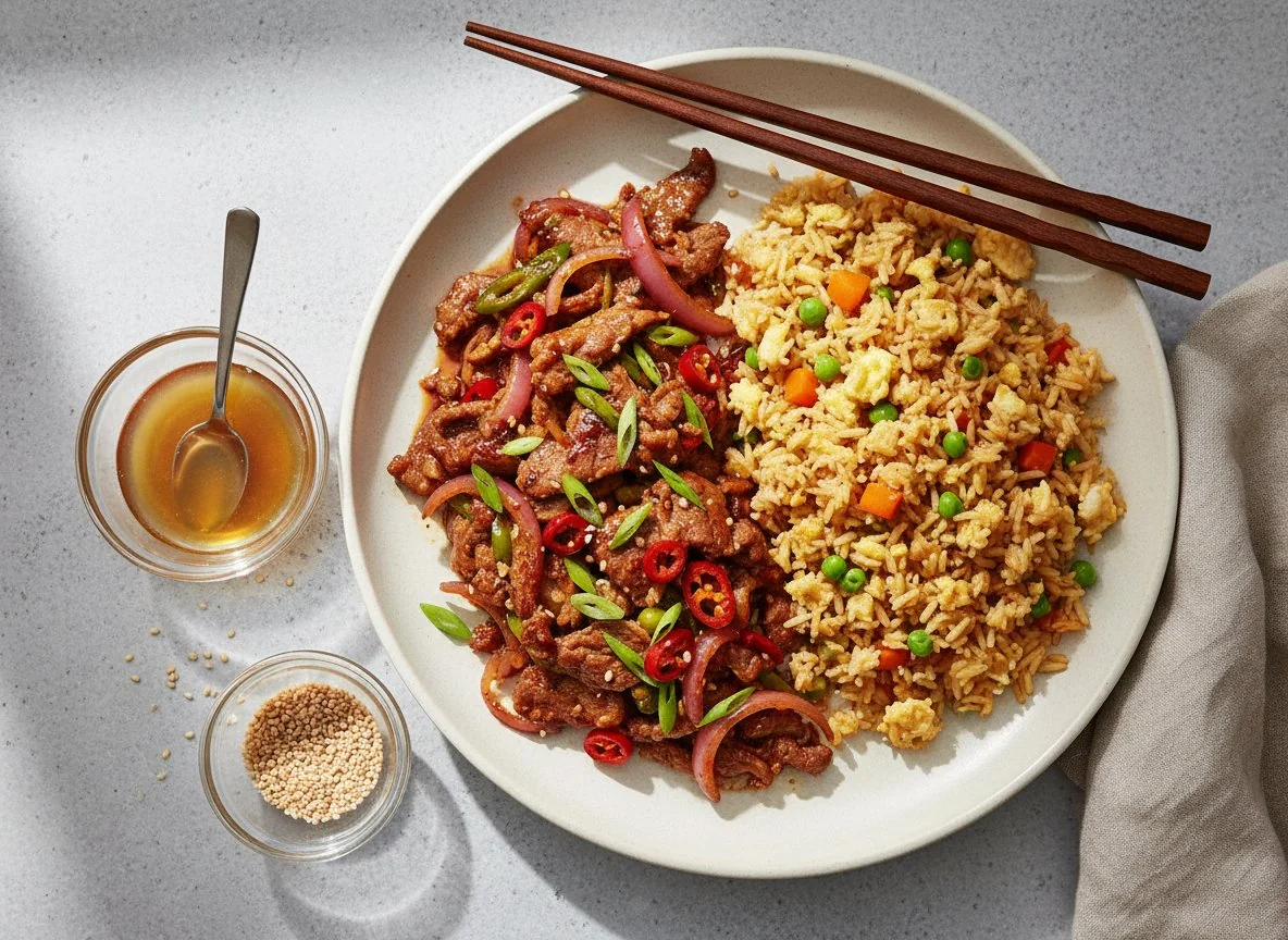 Spicy Lamb Stir-fry with Fried Rice photo