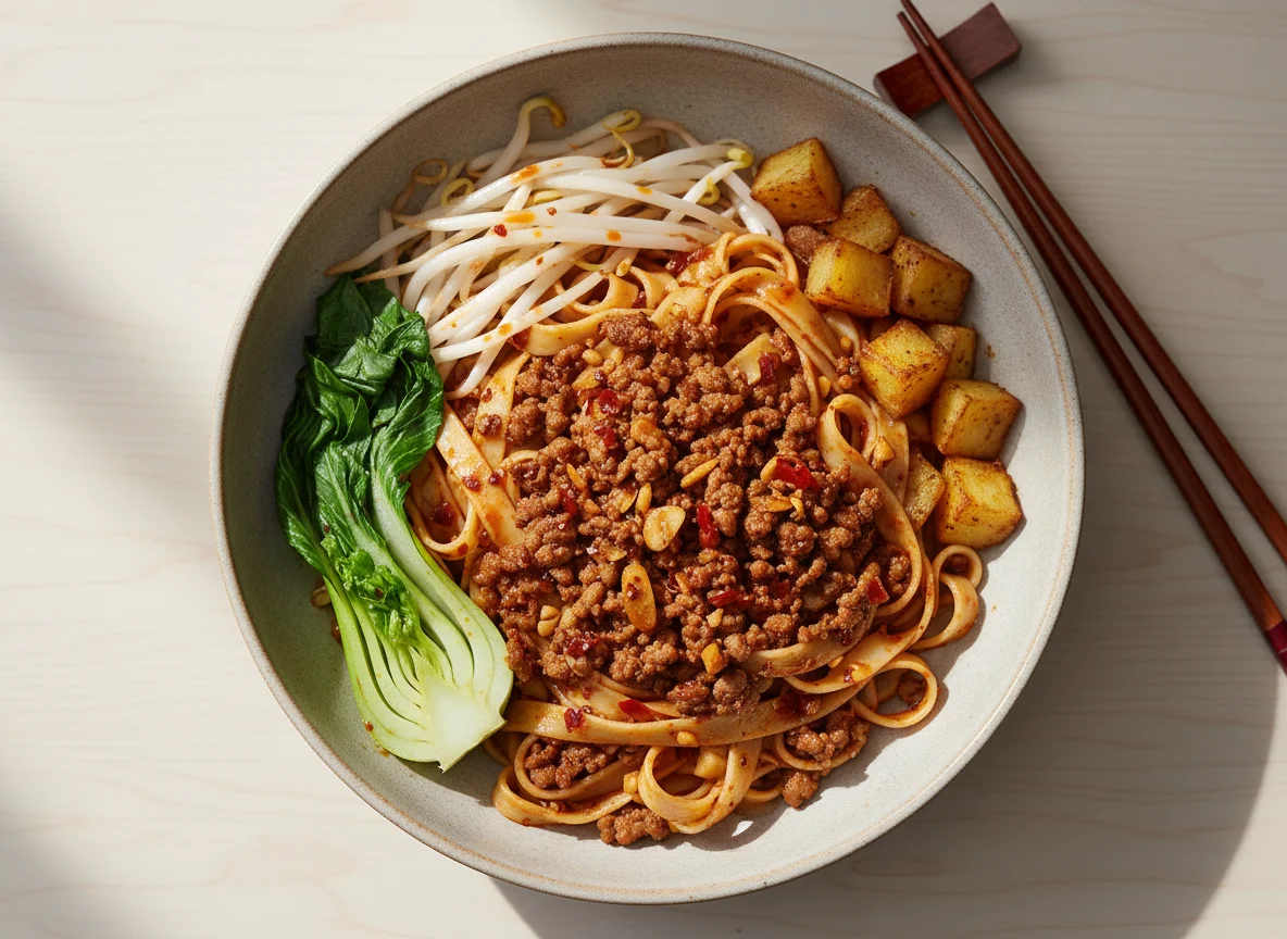 Spicy Minced Meat Noodles with Vegetables photo