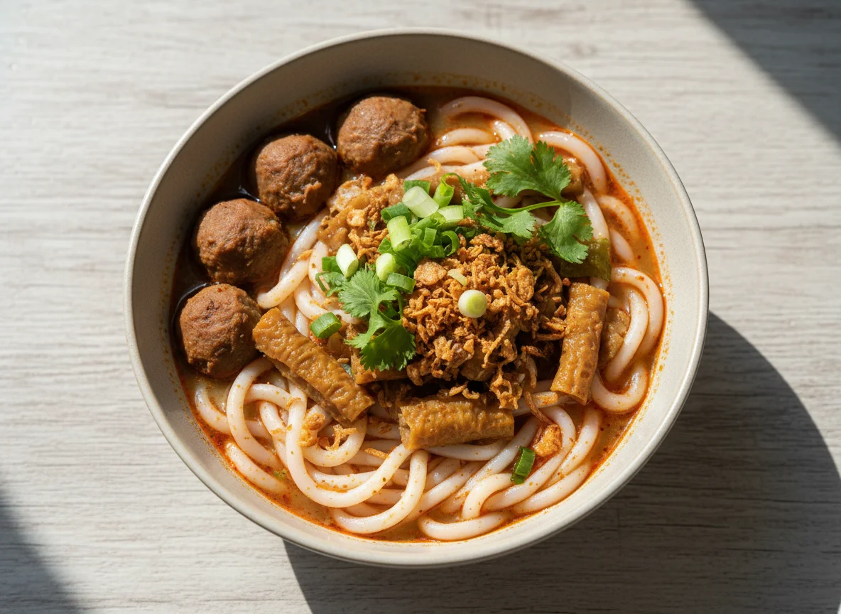 Spicy Noodle Soup with Meatballs and Beef Intestine photo