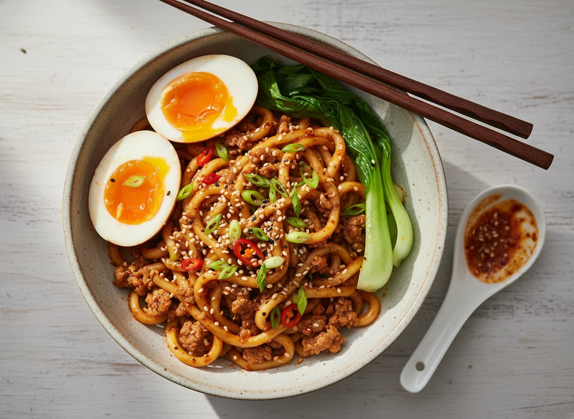 Spicy Noodles with Boiled Egg photo