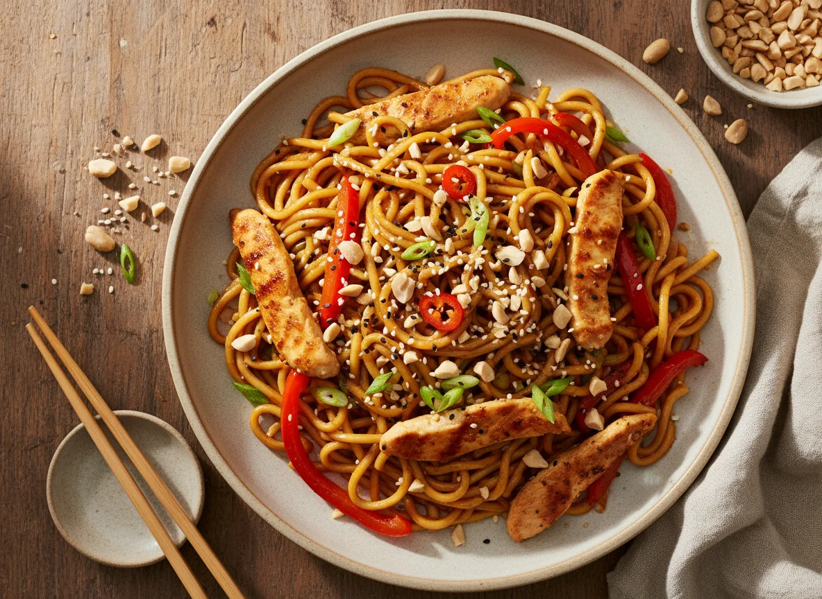 Spicy Peanut Noodle Stir-fry with Chicken photo