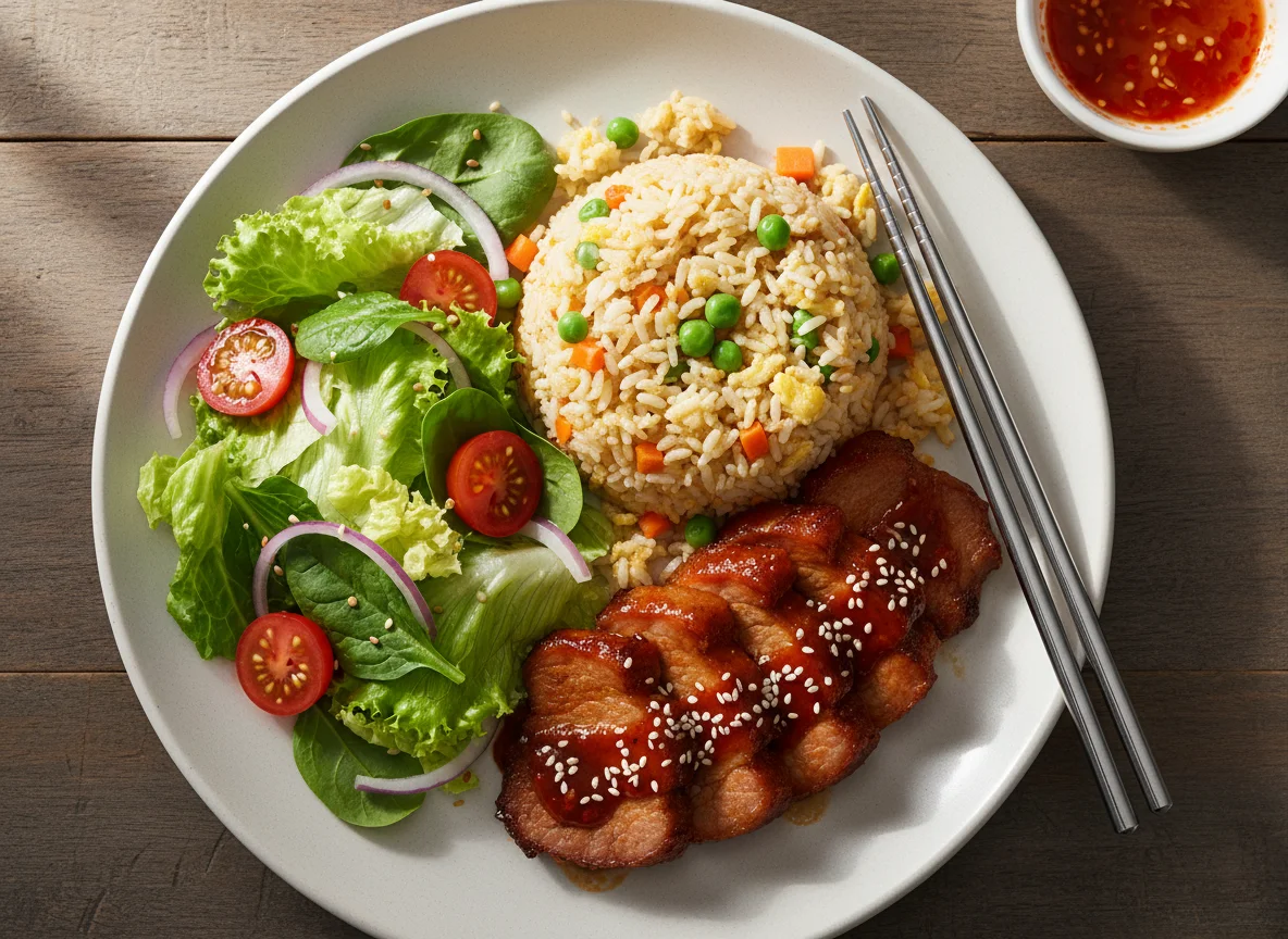 Spicy Pork Neck with Fried Rice and Salad photo