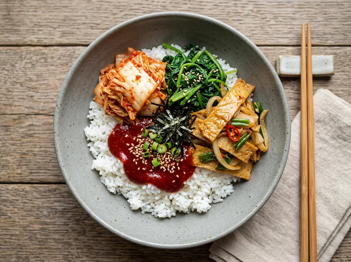 Spicy Rice Bowl with Vegetables and Fish Cake photo