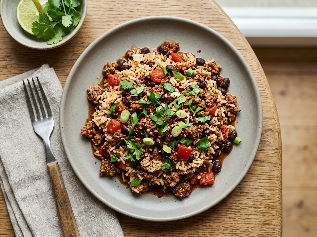 Spicy Rice with Black Beans and Beef photo