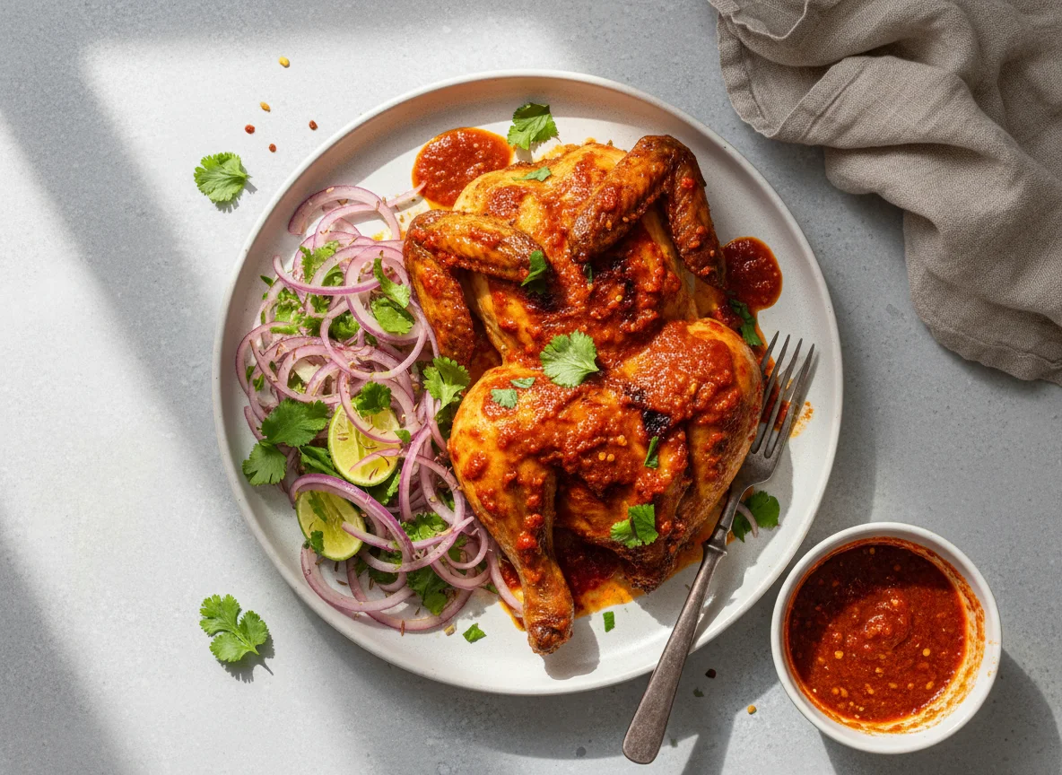 Spicy Roasted Chicken with Onion Salad and Sauce photo