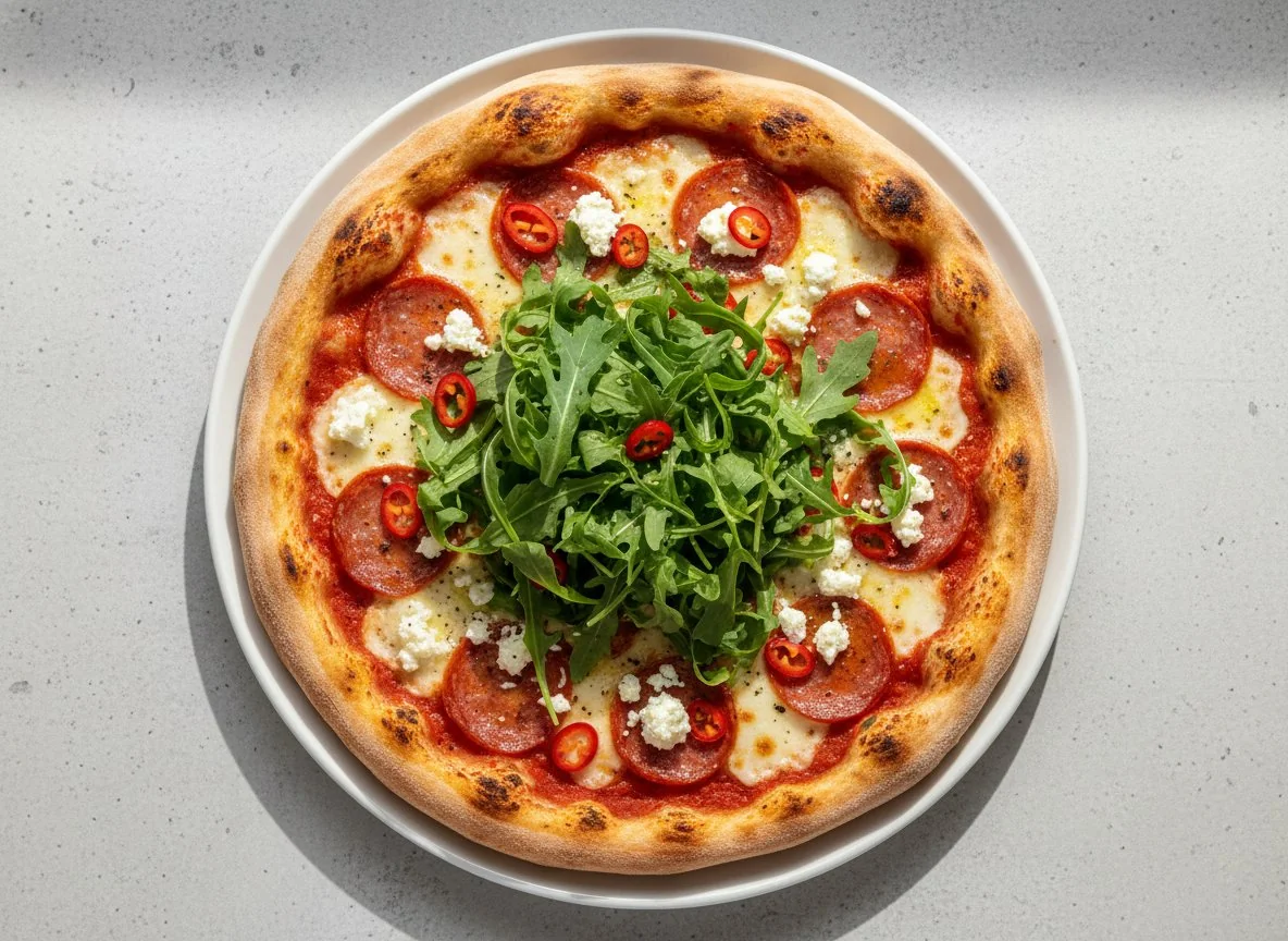 Spicy Salami and Feta Pizza with Rocket photo