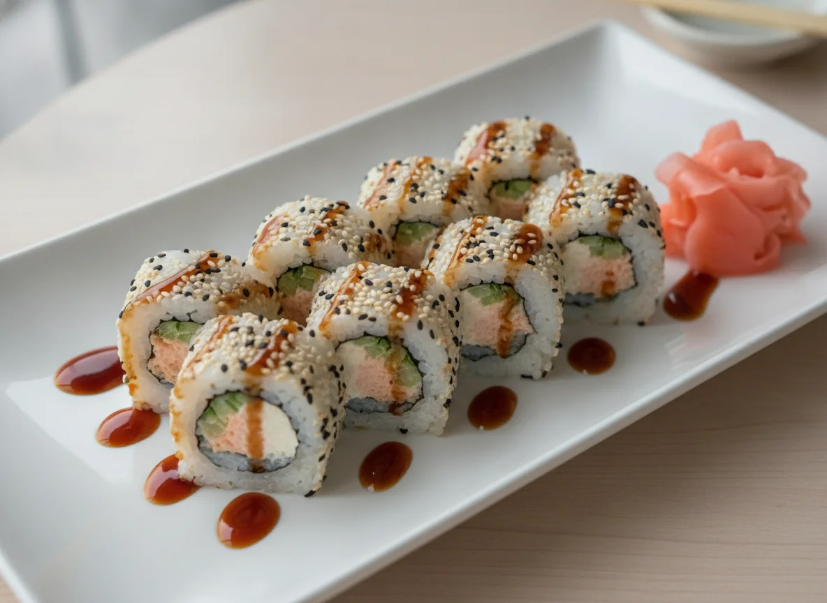 Spicy Salmon Uramaki Sushi with Sesame and Unagi Sauce photo