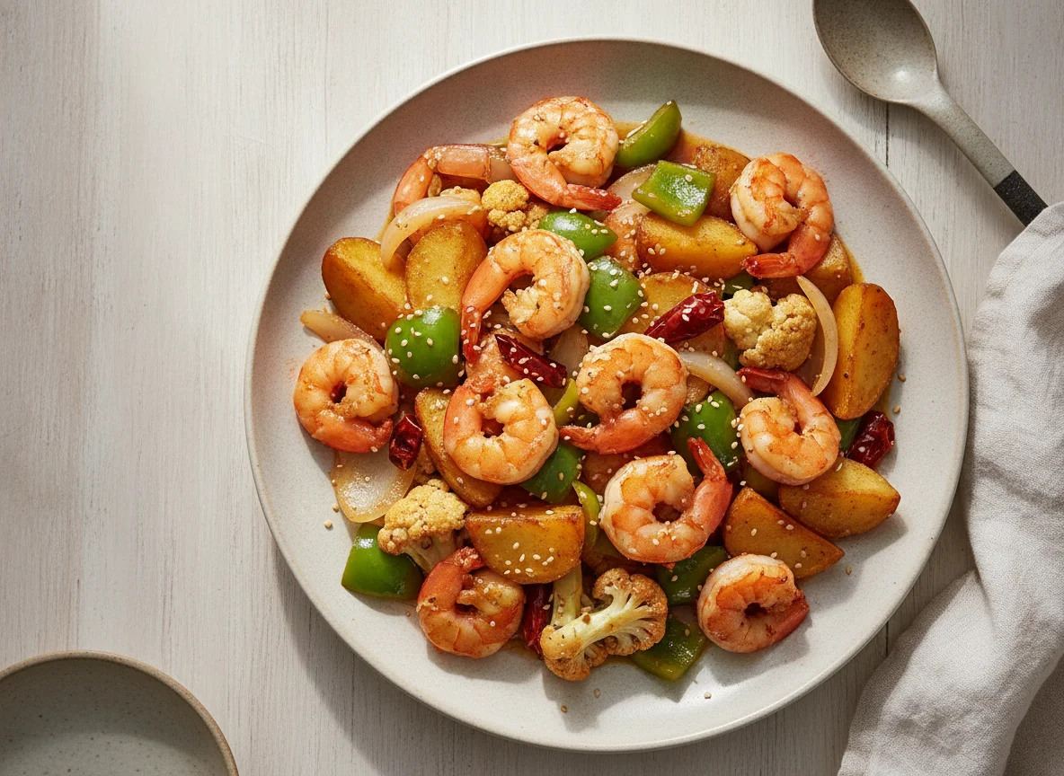 Spicy Stir-fried Shrimp with Vegetables and Potatoes photo