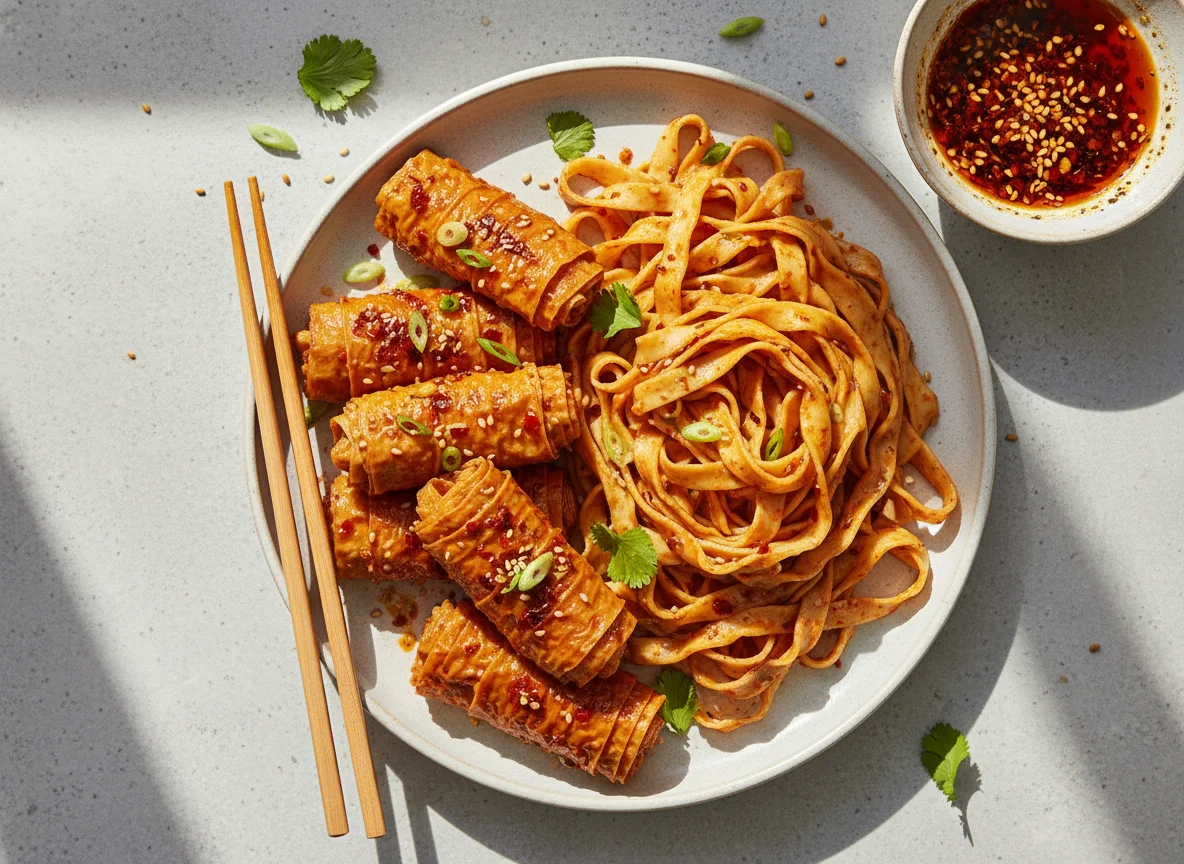 Spicy Tofu Skin Rolls and Wide Noodles photo