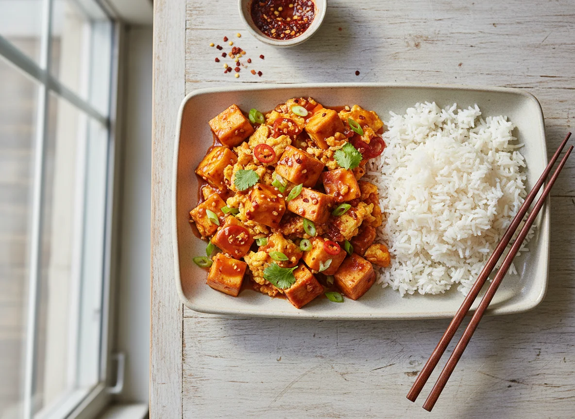 Spicy Tofu/Paneer and Egg Stir-fry with Rice photo