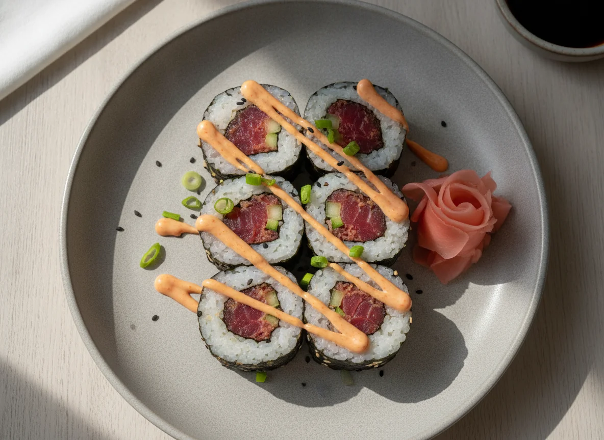 Spicy Tuna Sushi Roll with Spicy Mayo and Ginger photo