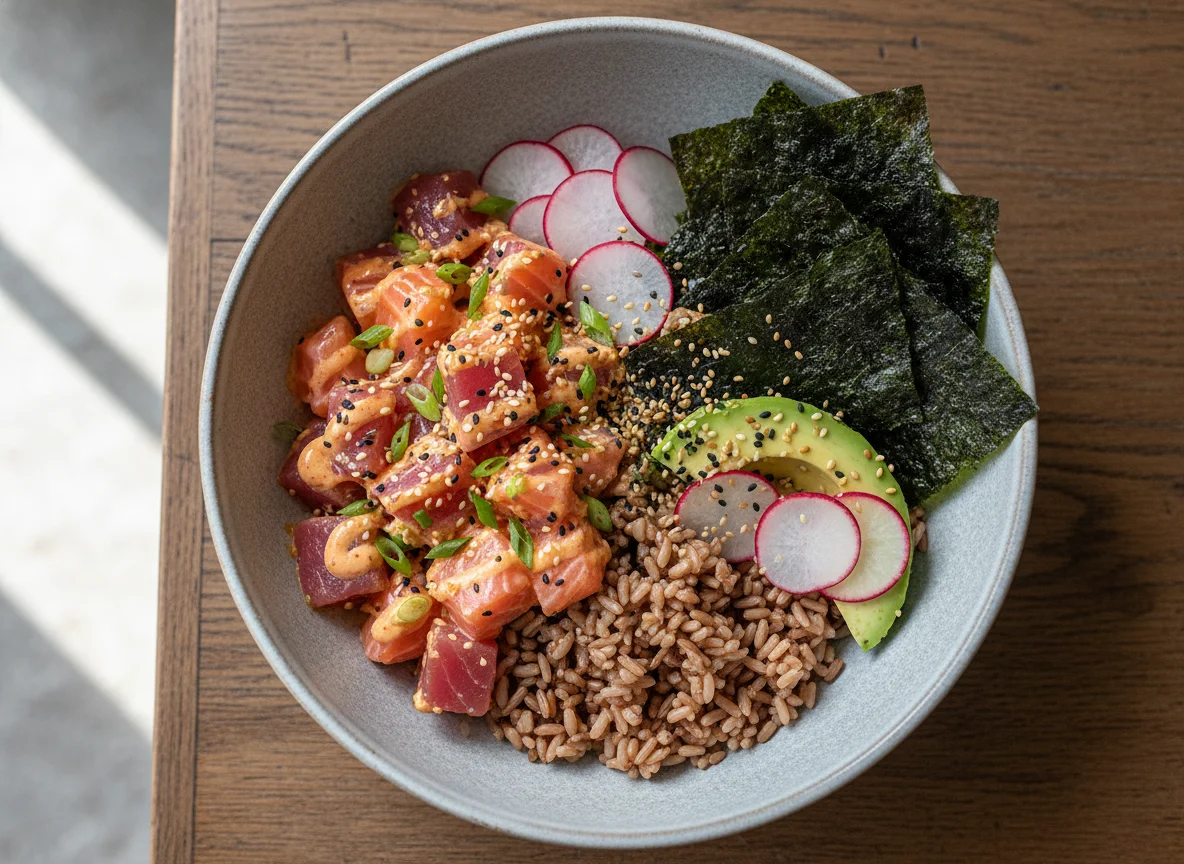 Spicy Tuna/Salmon Poke Bowl with Brown Rice and Seaweed photo