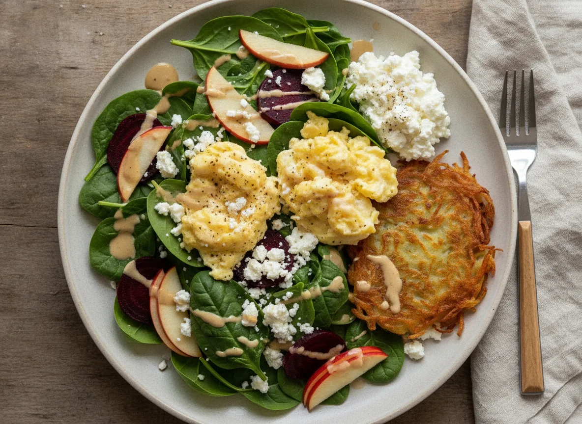 Spinach and Apple Salad with Roasted Beets and Scrambled Eggs photo